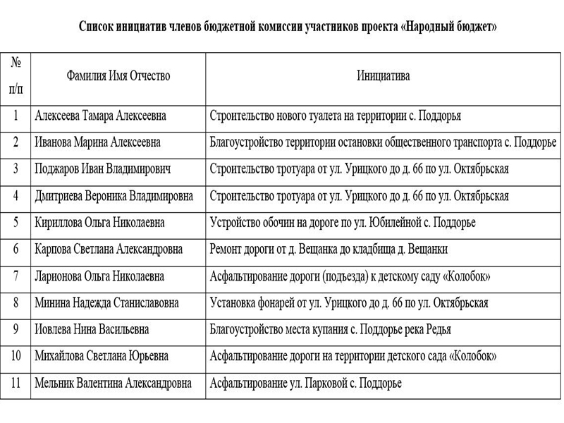 Список инициатив членов бюджетной комиссии.